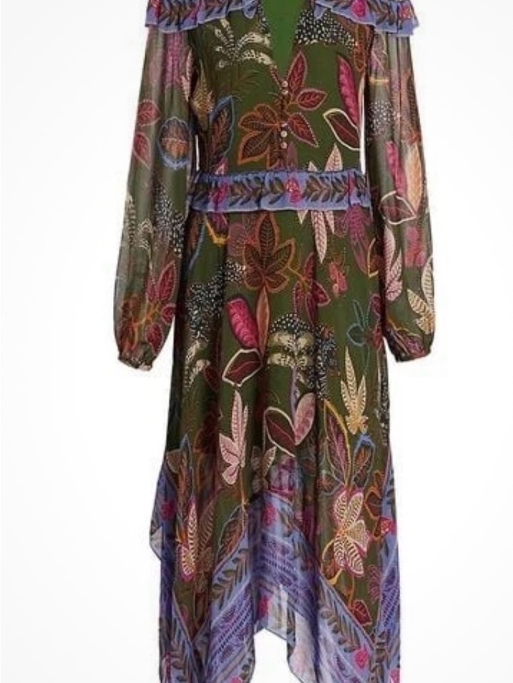 FARM Rio Olive Green Floral Long Sleeve Midi Dress with Purple Trim